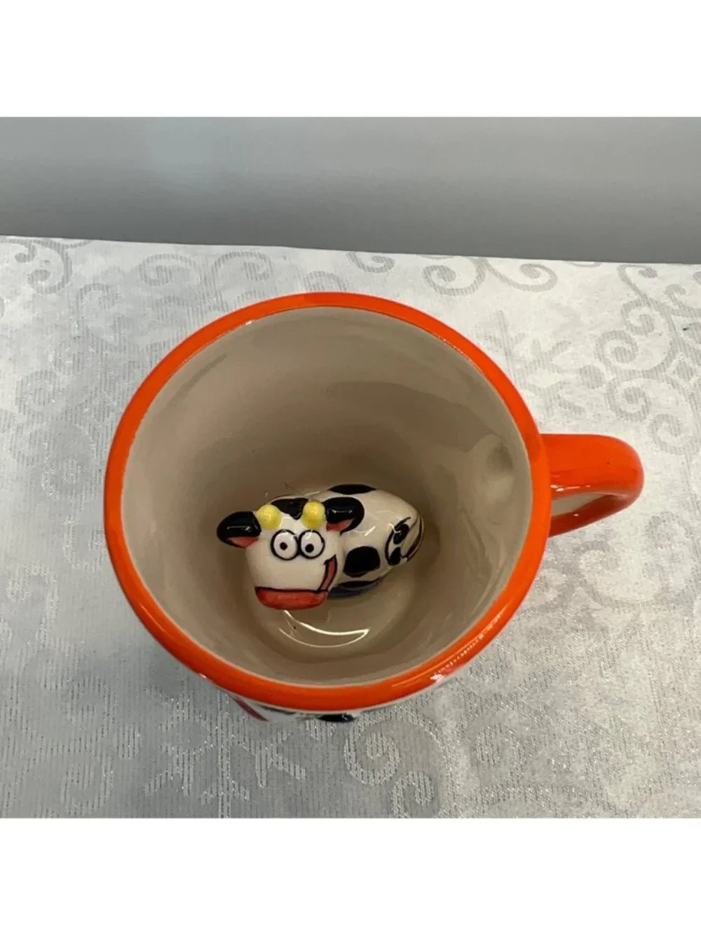 Hand painted Ceramic Cow Mug Holland Peek a Boo Mug Windmill Design Orange Rim &